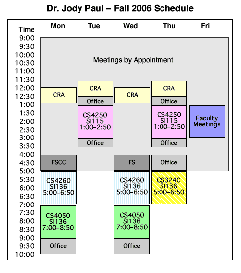 Academic Schedule chart for Dr. Jody Paul, Fall 2006