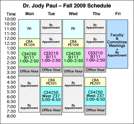 Academic Schedule chart for Dr. Jody Paul, Fall 2009