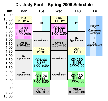 Academic Schedule chart for Dr. Jody Paul, Spring 2009