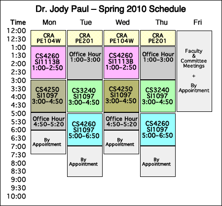 Academic Schedule chart for Dr. Jody Paul, Spring 2010